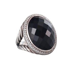 David Yurman Silver Diamond Onyx Oval Split Shank Ring