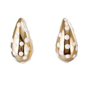 18k Gold White Polka Dot Enamel Large Teardrop Earrings