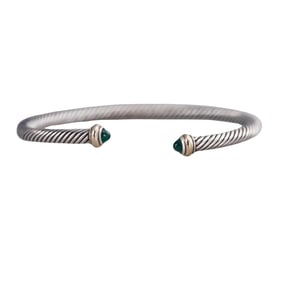 David Yurman Sterling Silver Gold Emerald Classic Cable Cuff Bracelet