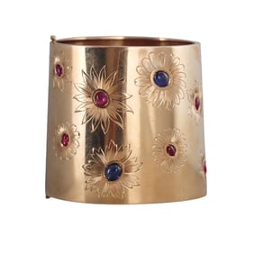 Retro 18k Gold Sapphire Ruby Floral Wide Bangle Bracelet