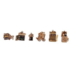 Vintage 14k Gold Dog House Carriage Cuckoo Clock Slot Machine Charm Lot of 6