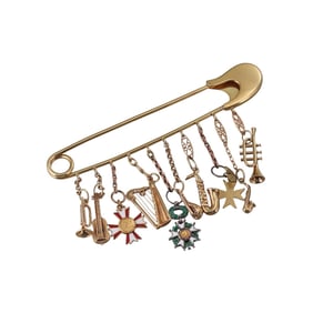 Vintage 14k Gold Metal Multi Charm 22k Safety Pin Brooch