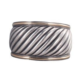 David Yurman Sterling Silver Gold Sculpted Cable Wide Cuff Bracelet