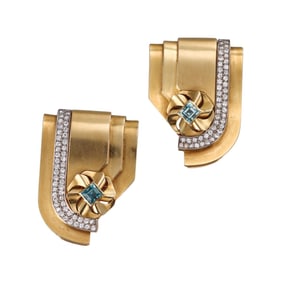Retro 18k Gold Diamond Blue Zircon Brooch Clip Set of 2