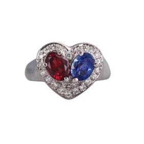 Platinum Diamond Sapphire Garnet Heart Ring