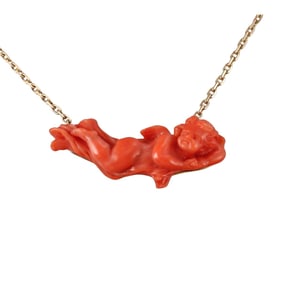 18k Gold Carved Coral Cherub Pendant Necklace