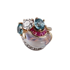 Seaman Schepps GIA 1.41ct J VS2 Diamond Zircon Ruby Moonstone Gold Ring