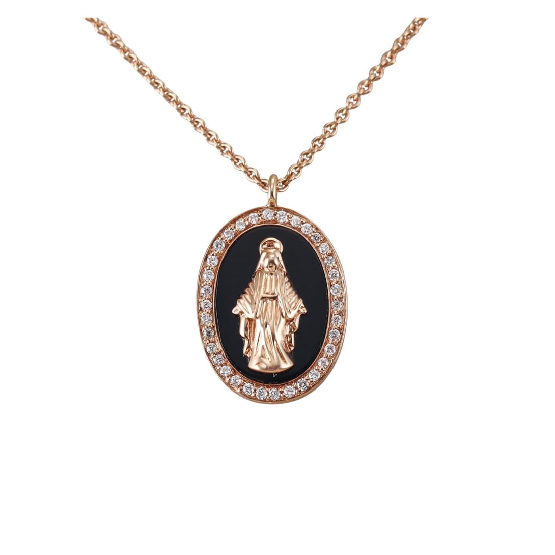 Crivelli 18k Rose Gold Diamond Onyx St. Mary Pendant Necklace: Metal : 18k Rose Gold Designer : Crivelli Gemstone : Diamonds approx. 0.16ctw, Onyx. Measurements : Necklace is 17" long, pendant is 18mm x 14mm. Marked: : Crivelli, 750, Italian mark.