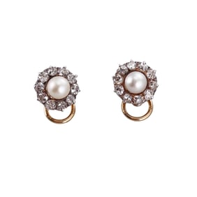 Antique 18k Gold Silver Diamond Pearl Cluster Earrings