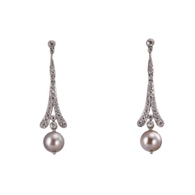 Art Deco Platinum Diamond Pearl Drop Earrings