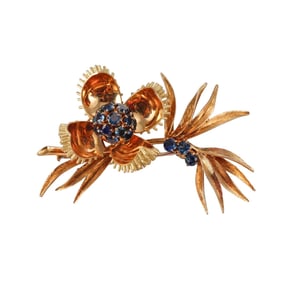 French 1960s 18k Gold Sapphire Thistle Brooch Pin