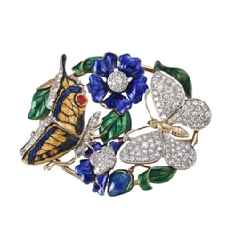 18k Gold Diamond Enamel Butterfly Flower Large Brooch Pin