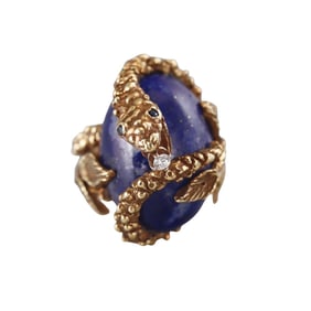 1970s E. Pearl 18k Gold Lapis Diamond Snake Ring