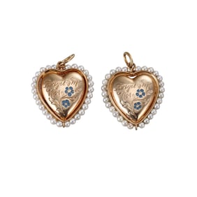 Vintage 14k Gold Pearl Enamel Heart Forget Me Not Charm Lot of 2