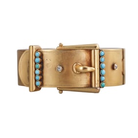 Antique Russian 14k Gold Turquoise Diamond Buckle Bangle Bracelet