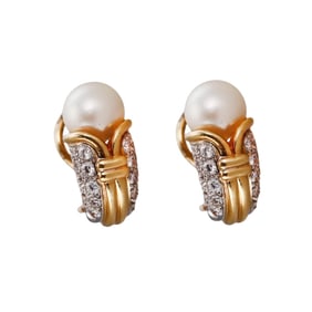 18k Gold Platinum Diamond Pearl Earrings
