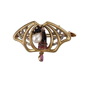 Art Nouveau 18k Gold Enamel Diamond Pearl Hand Brooch Pin