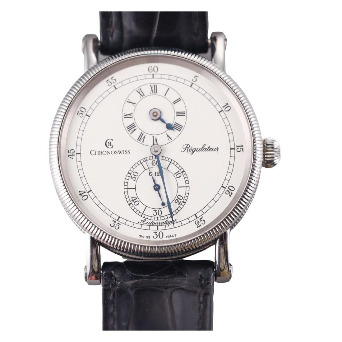 Chronoswiss Regulator Automatic Stainless Steel Watch CH 1223: Metal : Stainless Steel Designer : Chronoswiss Movement : Automatic Cal 122 Measurements : 37mm case x 46mm lug tip to lug tip Reference/Model: : CH 1223/Regulator Functions :