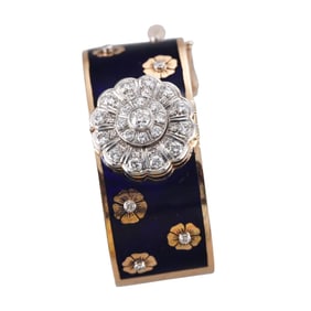 Mid Century 14k Gold Diamond Enamel Watch Bracelet