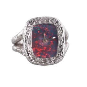 Rare Vintage Roy King 18k White Gold Black Opal Manual Wind Ring Watch
