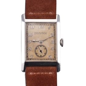 1920's Patek Philippe "Tortoise" Platinum Breguet Numeral Rectangular Watch