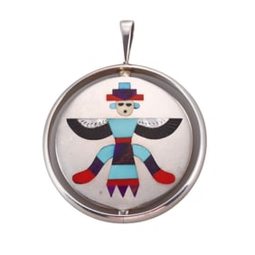 Native American Rudell & Nancy Laconsello Zuni Inlay Gemstone Silver Flip Pendant