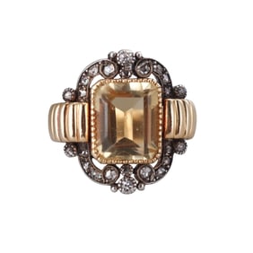 Retro Portuguese 18k Gold Silver Citrine Diamond Ring