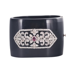 Sterling Silver Resin Diamond Pink Tourmaline Bangle Bracelet
