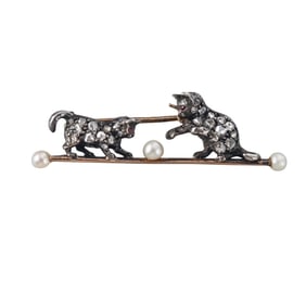 Antique Victorian 14k Gold Silver Diamond Pearl Kitten Cat Brooch Pin