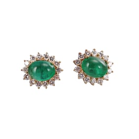 18k Gold Emerald Cabochon Diamond Stud Earrings