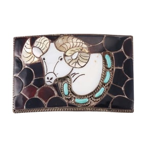 Native American Zuni E. A. Zunie Sterling Silver Inlay Gemstone Ram's Head Belt Buckle