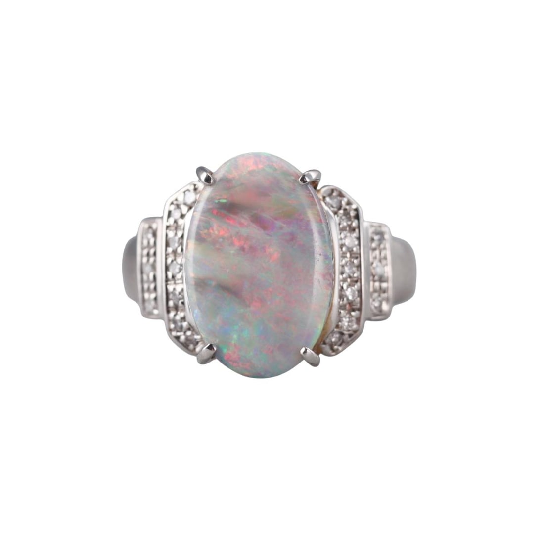 Platinum 4.87ct Opal Diamond Ring: Metal : Platinum Designer : Not Signed Gemstone : Opal 4.87ct, Diamonds 0.18ctw. Measurements : Ring size 8, top is 15.8mm wide. Marked: : pt900, 0.18, 4.87. Weight: : 8.2