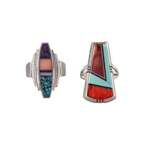 Native American Frank Yazzie Ray Tracey Knifewing Navajo Silver Gemstone Ring Lot of 2