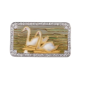 Platinum Plique A Jour Enamel Swan Diamond Brooch Pin