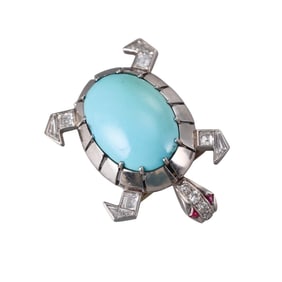 French 1960s 18k Gold Diamond Turquoise Ruby Turtle Brooch Pin