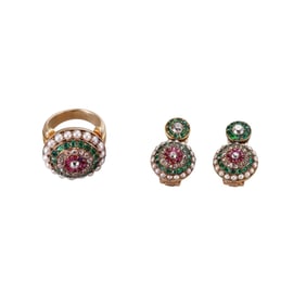 Antique 14k Gold Diamond Emerald Ruby Pearl Ring Earrings Set