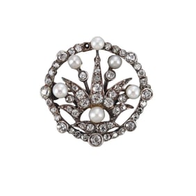 Antique Platinum Gold Natural Pearl Diamond Brooch Pin
