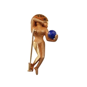 French 18k Gold Lapis Une Femme Nude Brooch Pin