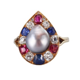 GIA Natural Pearl Antique 18k Gold Diamond Sapphire Ruby Ring
