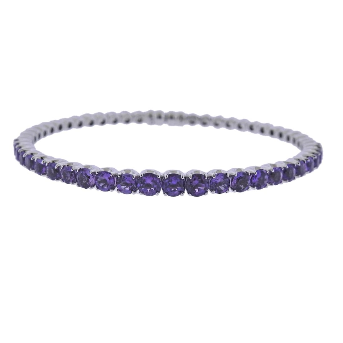 Bucherer Gold Amethyst Bangle Bracelet: Metal : 18k White Gold Designer : Bucherer Gemstone : Amethyst approx. 4.30ctw Measurements : Bracelet will fit approx. 7" wrist and is 4.3mm at widest point. Marked: : 750 CB