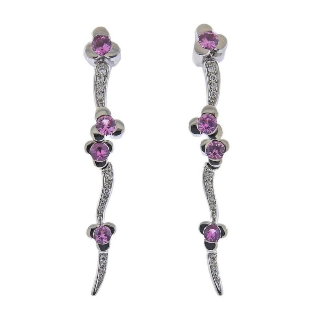 Bucherer Gold Diamond Pink Sapphire Drop Earrings: Metal : 18k Gold Designer : Bucherer Gemstone : Diamonds approx. 0.18ctw SI/H. Sapphires approx. 1.42ctw Measurements : Earrings are 45mm x 7mm Marked: : CB 750 Weight: : 1