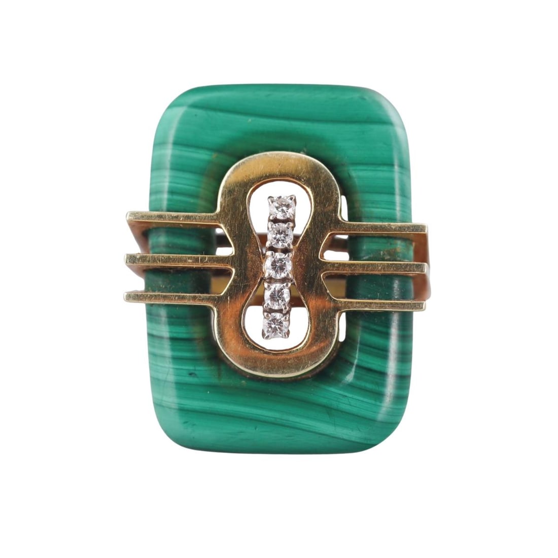 1970s 18k Gold Malachite Diamond Ring: Metal : 18k Yellow Gold Designer : Not Signed Gemstone : Malachite, Diamonds approx. 0.10ctw. Measurements : Ring size 7, top is 28mm x 23mm. Marked: : Tested 18k. Weight: