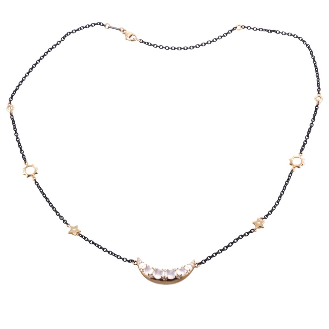 Monica Rich Kosann Gold Steel Diamond Moonstone Necklace: Metal : 18k Gold Designer : Monica Rich Kosann Gemstone : Diamond approx. 0.34ctw. Moonstone Measurements : Necklace is 18" long. Pendant is 28mm x 7mm Marked: : M, 750 Weight