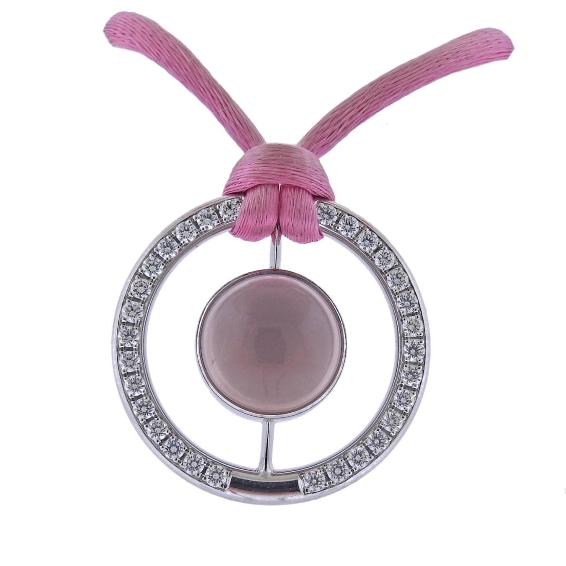 Bucherer Gold Diamond Rose Quartz Pendant Silk Cord Necklace: Metal : 18k Gold Designer : Bucherer Gemstone : Set with 1.11ctw SI/H diamonds and 9.86ct rose quartz Measurements : Necklace is 25" long, pendant is 30mm in diameter Marked: : 750 CB <