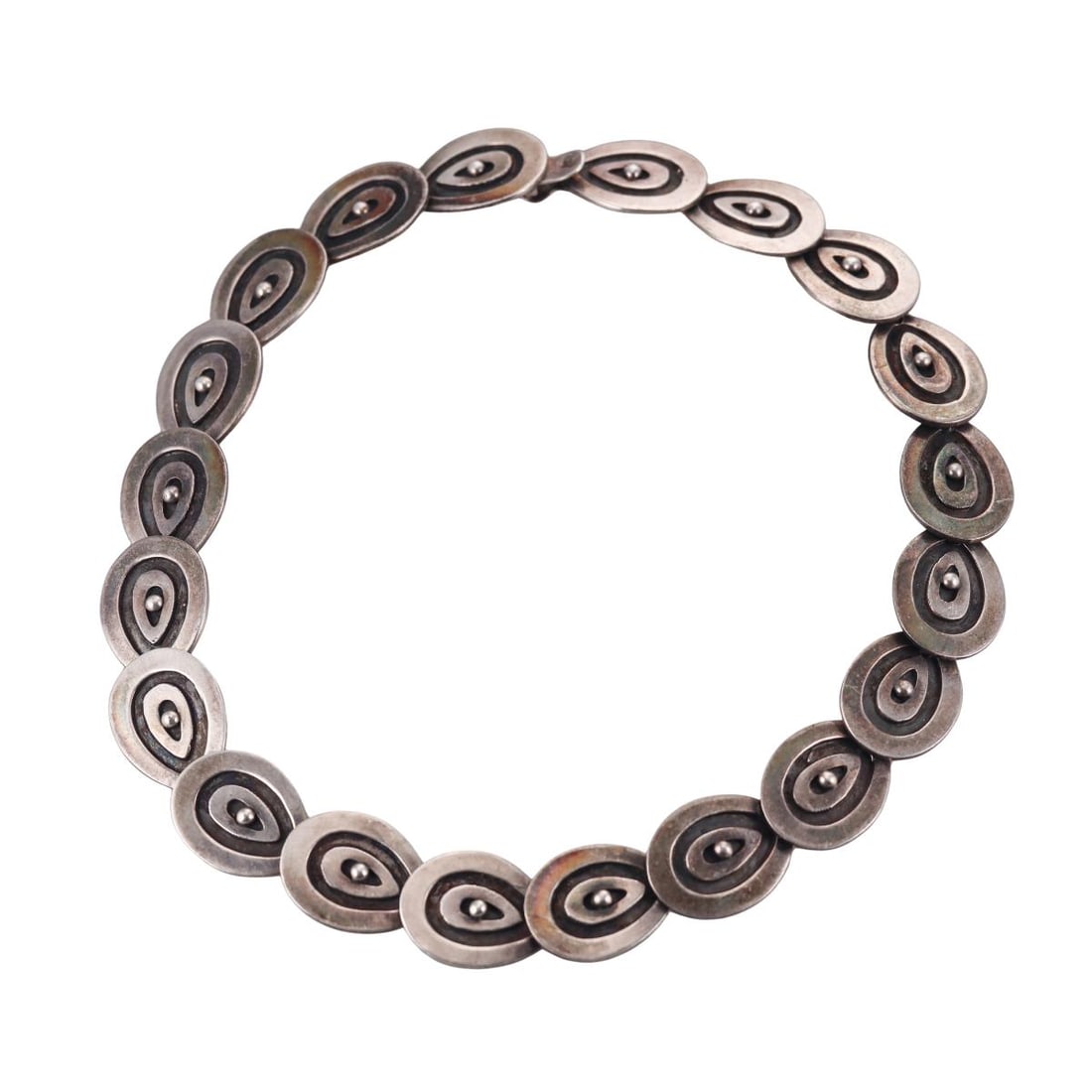 Mexican Taxco Sterling Silver Necklace: Metal : Sterling Silver Designer : Unknown Gemstone : None Measurements : Necklace is 15.5" long and 18mm wide. Marked: : Taxco, Sterling. Weight: : 78.4 grams