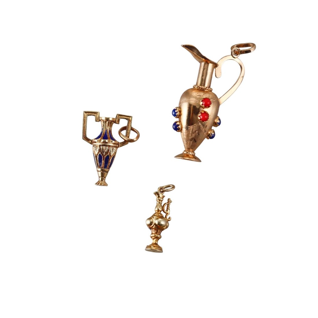 Vintage 14k 18k Gold Enamel Coral Lapis Amphora Pitcher Charm Pendant Lot of 3: Metal : 14k and 18k Gold Designer : Not Signed Gemstone : Coral, Lapis. Measurements : Charms measure 20mm x 8mm; 25mm x 16mm and 38mm x 24mm. Marked: : 750 k 18 (two larger charms) an
