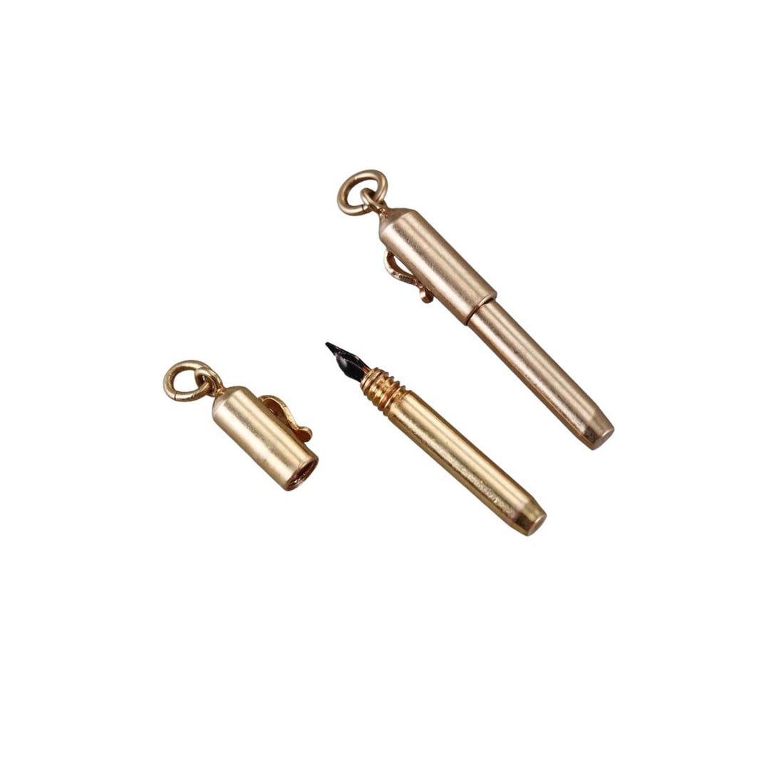 Antique 14k Gold Fountain Pen Charm Lot of 2: Metal : 14k Yellow Gold Designer : Not Signed Gemstone : None Measurements : Each pen is 28 x 5mm. One is missing the nib. Marked: : 14k. Weight: : 5.8 grams Co