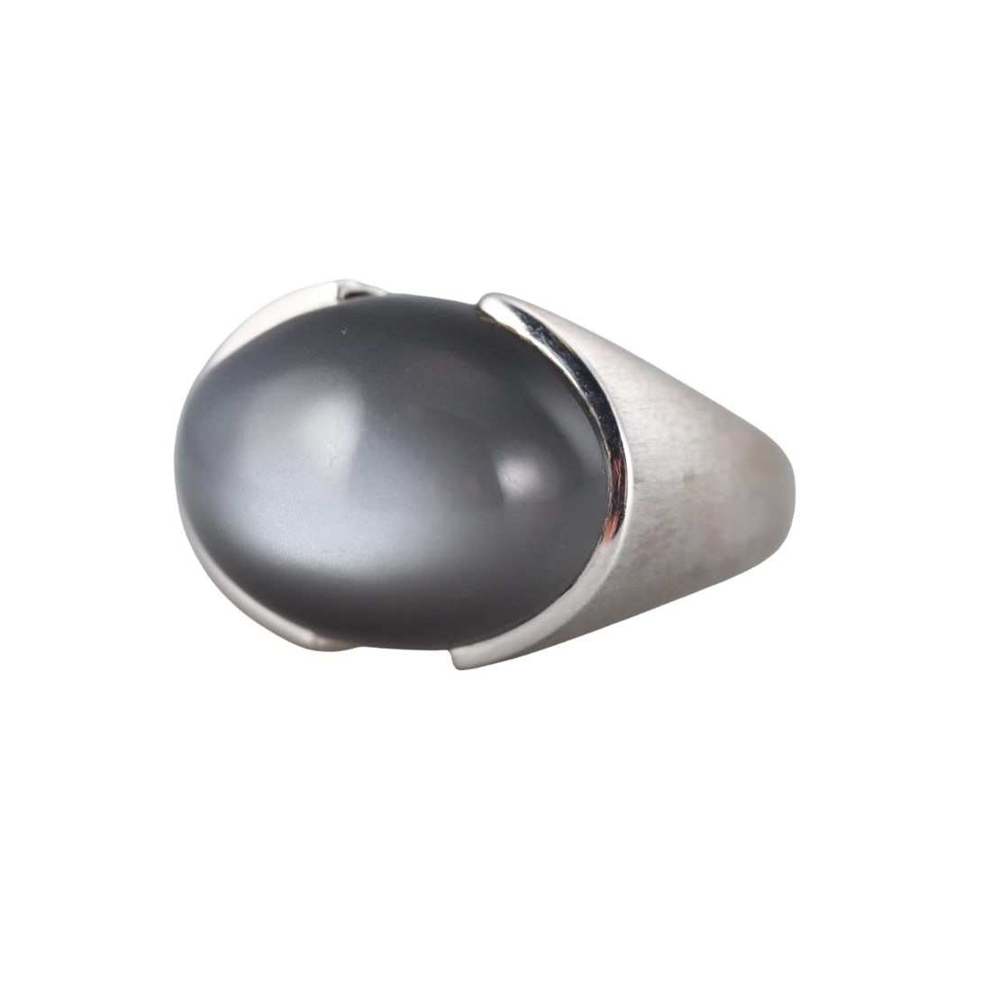 18k Gold Grey Moonstone Cabochon Ring: Metal : 18k White Gold Designer : Not Signed Gemstone : Grey moonstone - approx. 15 x 19.8 x 10mm. Measurements : Ring size approx. 5 (sizing balls can be removed to increase the size).