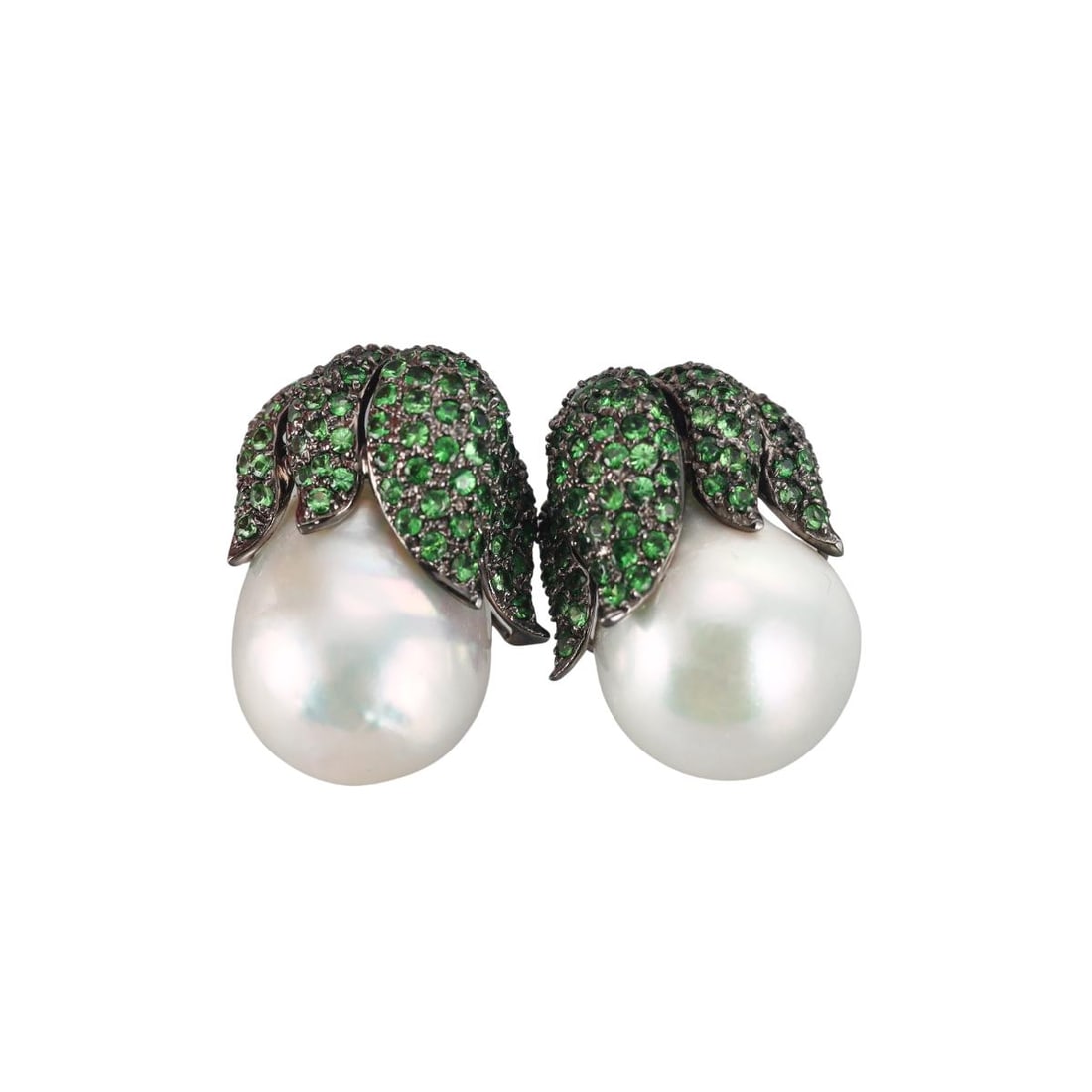 18k Gold Tsavorite Garnet Baroque South Sea Pearl Earrings: Metal : 18k Blackened Gold Designer : Not Signed Gemstone : Tsavorite, Baroque pearls approx. 16 x 17.5mm. Measurements : Earrings are 26mm long. Marked: : 18k. Weight: :