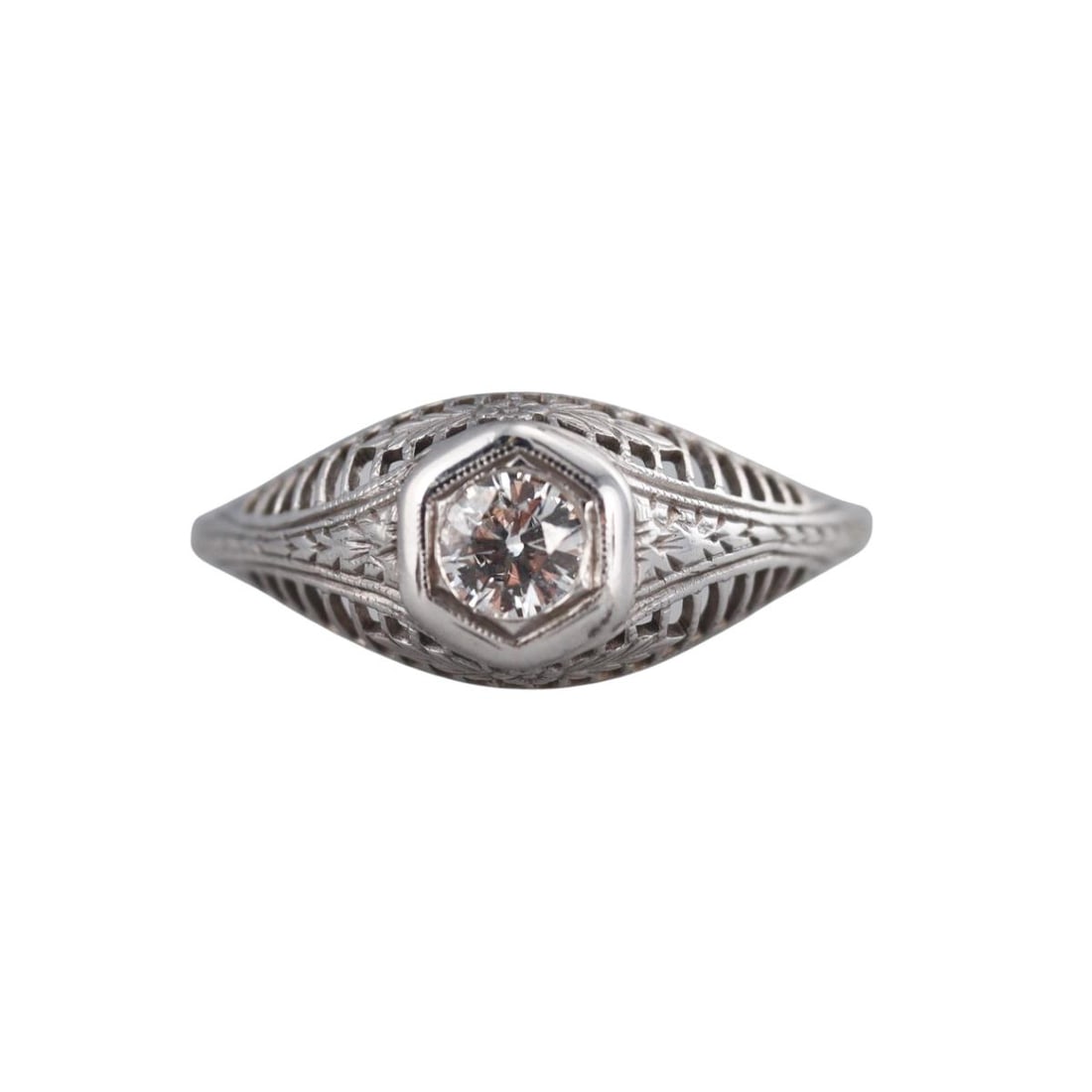 Art Deco 18k Gold Diamond Engagement Ring: Metal : 18k White Gold Designer : Not Signed Gemstone : Diamond 0.22ct. Measurements : Ring size 6, width 8.5mm. Marked: : 18k. Weight: : 2 grams Condition: